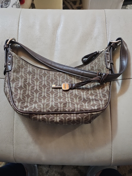 Fossil Handbags - Fossil Brown Logo Jacquard Shoulder Bag with Dark Brown Trim
